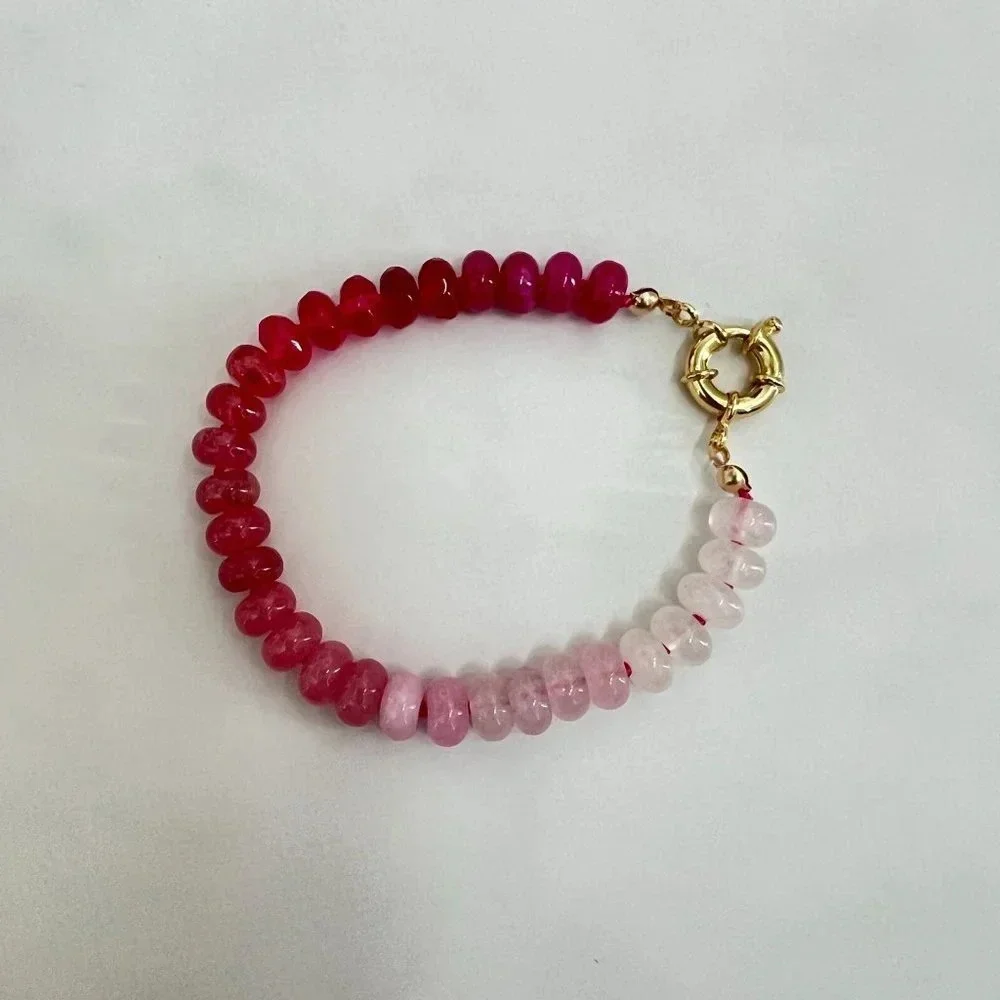 Ombre Pink Jade Gemstone Beaded Hand Knotted Bracelet Gold Filled Clasp